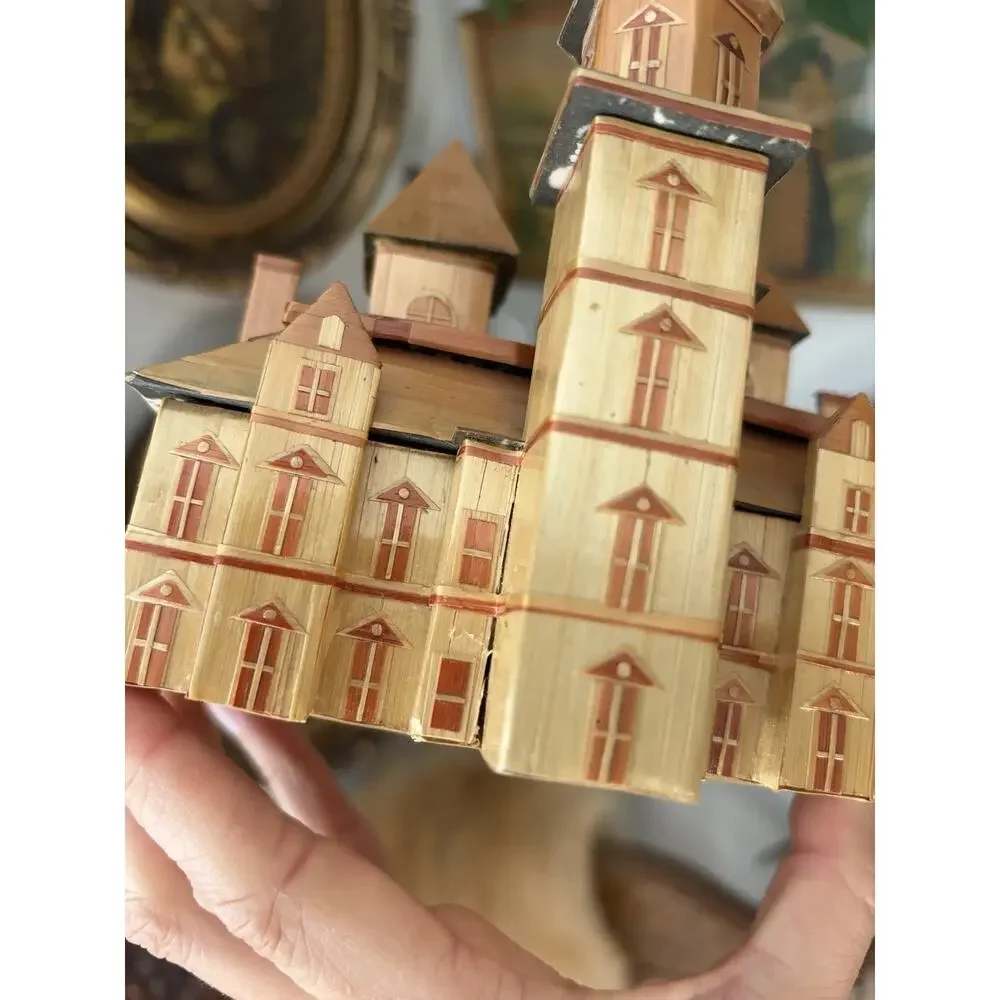 Vintage Handmade Bamboo Straw House Trinket Box Wood Box